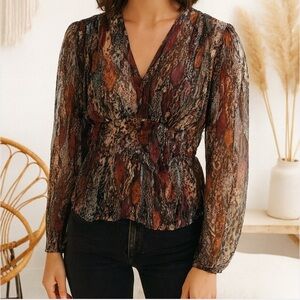 Rebecca Taylor Silk Blend Watercolor Snake Print V-Neck Top